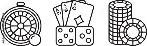 Casino Line Art Icons – Roulette Wheel, Playing Cards, Dice & Poker Chips Outline Set