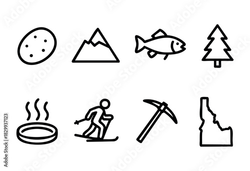 Set of Idaho icons in clean bold-line style: potato, mountain, trout, pine tree, hot spring, skier, pickaxe, state outline