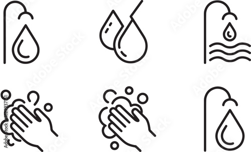 Handwashing & Water Drop Line Art Icons – Hygiene, Soap, Sanitization & Clean Water Outline Symbol Set