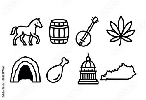Set of Kentucky icons in clean bold-line style: horse, barrel, banjo, leaf, horseshoe, chicken leg, capitol building, state outline.