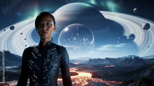 Woman stands before a science fiction landscape with planets and rings
