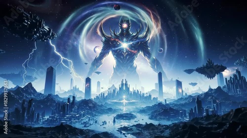 Cosmic being stands over futuristic city surrounded by energy