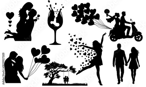 Romantic Couple Silhouettes Collection, Couples in Love Silhouette Set, Black and White Romance Illustrations, Romantic couple silhouettes collection, couples in love silhouette set, black and white, 