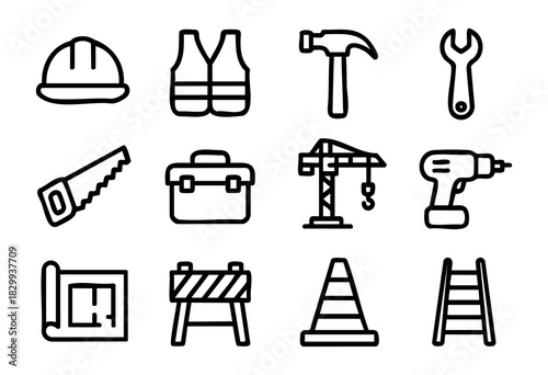 Set of construction and tool icons in bold-line minimalist style: helmet, vest, hammer, wrench, saw, toolbox, crane, drill, blueprint, barrier, cone, ladder.