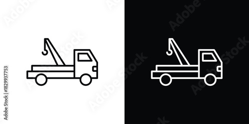 Tow truck icons set with editable black and white stroke line style for ui designs