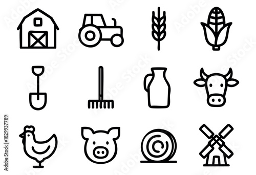Set of farming and agriculture icons in bold-line minimalist style: barn, tractor, wheat, corn, shovel, rake, milk jug, cow, chicken, pig, hay bale, windmill.