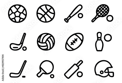 Set of ball sports icons in bold-line minimalist style: soccer, basketball, baseball, tennis, hockey, volleyball, football, bowling, ice hockey, table tennis, cricket, helmet.