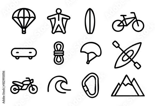 Set of extreme sports icons in bold-line minimalist style: parachute, wingsuit, surfboard, bicycle, skateboard, rope, helmet, kayak, motorcycle, wave, carabiner, mountain.