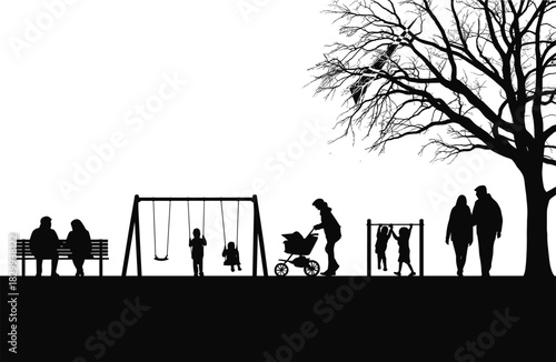 Black and White Silhouette of People Enjoying a Park Playground, Featuring Children on Swings, Parents with a Stroller, and Seniors Resting on a Bench, Leisure and Family Time