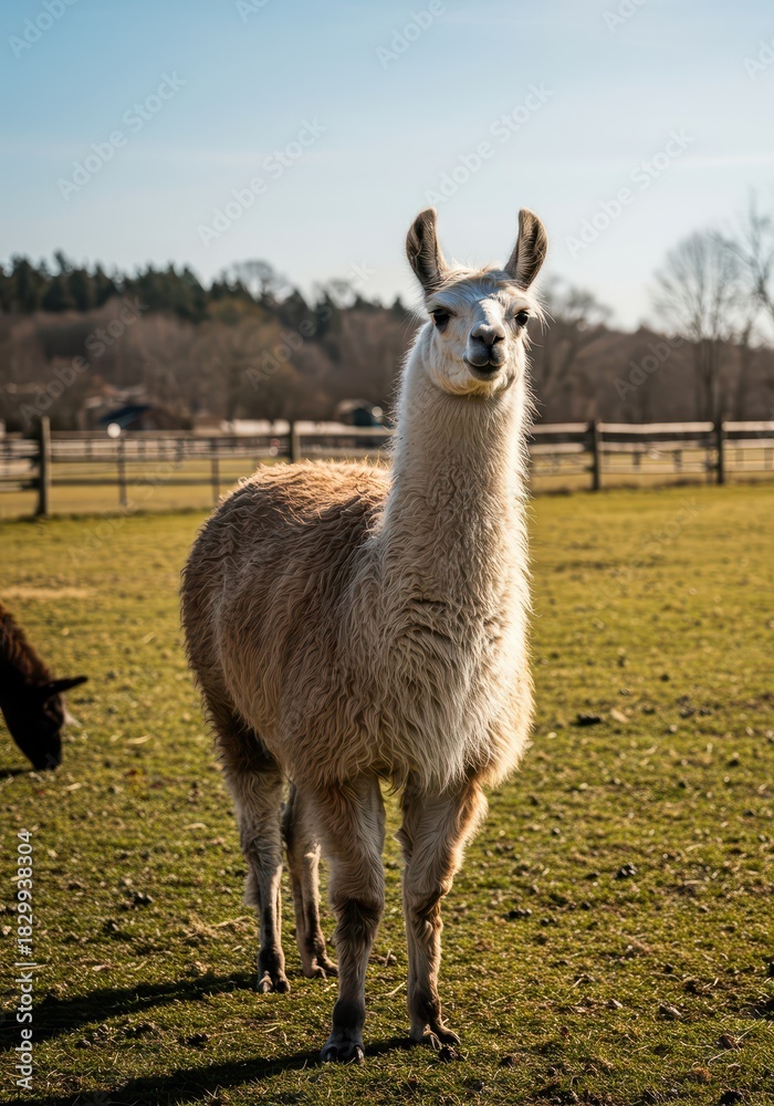 Naklejka premium A fluffy llama stands attentively in a sunny pasture on a quiet farm, displaying its thick wool coat, long neck, and gentle, curious demeanor, wool, tan, barn