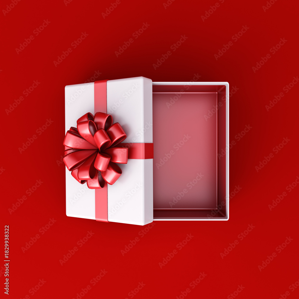 Naklejka premium Blank white rectangle gift box mock up open or top view of white present box product display showcase frame tied with red ribbon bow isolated on dark red background with shadow concepts 3D rendering