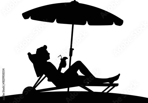 Black Silhouette of a Person Relaxing in a Deck Chair Under a Large Beach Umbrella While Drinking a Cool Cocktail on Vacation or Holiday