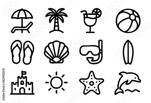 Set of beach icons in bold-line minimalist style: umbrella, palm tree, cocktail, beach ball, flip flops, shell, snorkel, surfboard, sandcastle, sun, starfish, dolphin.