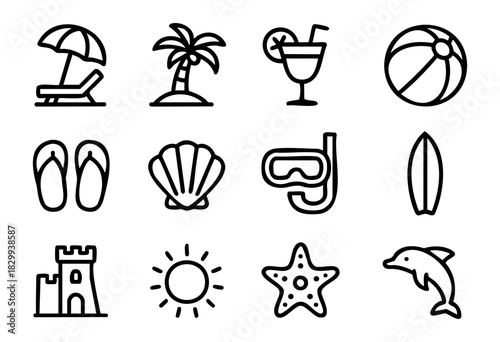 Set of beach icons in bold-line minimalist style: umbrella, palm tree, cocktail, beach ball, flip flops, shell, snorkel, surfboard, sandcastle, sun, starfish, dolphin.