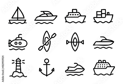 Set of minimalist water transport icons in bold-line style: sailboat, yacht, ship, submarine, kayak, anchor, lighthouse, and cruise.