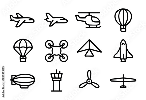 Set of minimalist air transport icons in bold-line style: airplane, helicopter, drone, parachute, hang glider, blimp, hot air balloon, control tower, propeller, and space shuttle.
