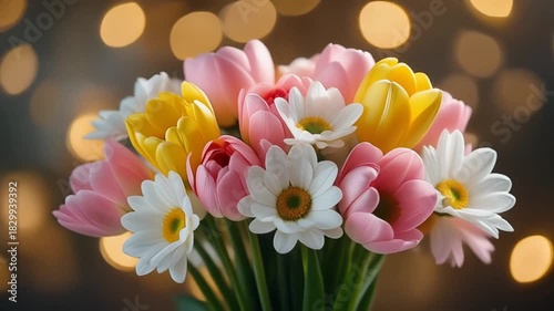 光のボケの中でパステルカラーの春の花がゆっくり回転するシーン