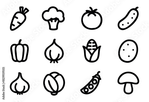 Set of minimalist vegetable icons in bold-line style: carrot, broccoli, tomato, cucumber, pepper, onion, corn, potato, garlic, cabbage, peas, mushroom.