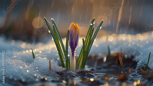 雪解け水が早咲きクロカスのつぼみに滴るマクロ撮影