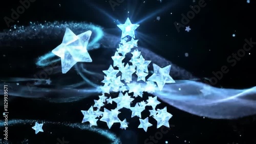 Animated christmas tree made of glowing stars against a blue background