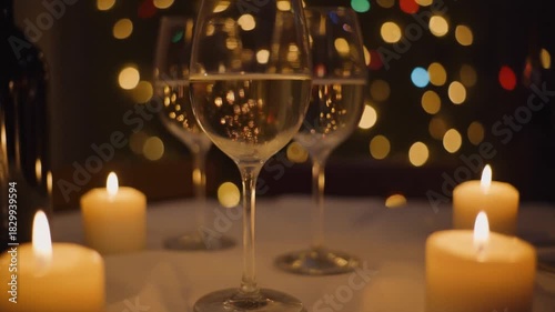白いテーブルに置かれたキャンドルとワイングラスの低照度