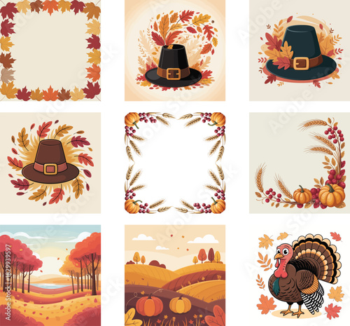 Collection of thanksgiving and autumn themed graphic elements and scenes