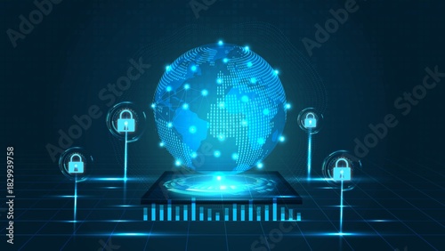 A digital representation of global connectivity with security locks, showcasing the intersection of technology and data protection.