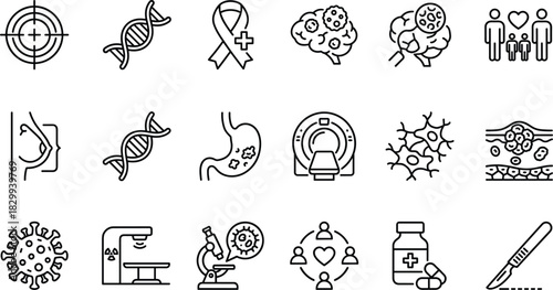 Cancer Research Medical Icon Set, Diagnosis and Treatment of Oncology, Genetics, Tumor Biology, Surgery, and Chemotherapy in Modern Healthcare Technology, Disease Prevention, and Patient Care.