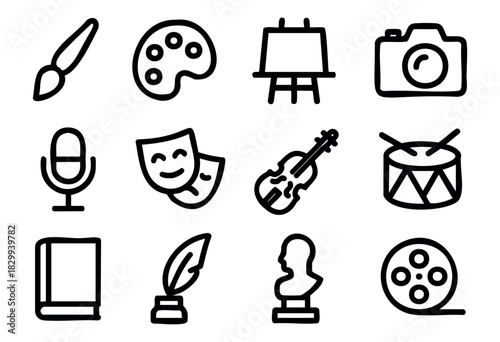 Set of minimalist artist icons in bold-line style: paintbrush, palette, easel, camera, microphone, theater masks, violin, drum, book, quill, sculpture, film reel.