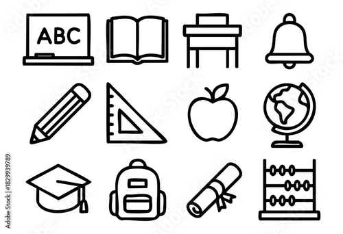 Set of minimalist education icons in bold-line style: blackboard, book, desk, bell, pencil, ruler, apple, globe, graduation cap, backpack, diploma, abacus.
