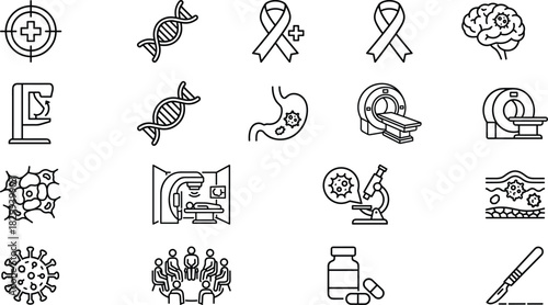 Cancer Research and Treatment Icon Set, Genetics, DNA, Oncology, Awareness Ribbons, Chemotherapy, Radiation, Surgery, Imaging, Diagnosis, Pathology, Medical Health Care Vector Graphics