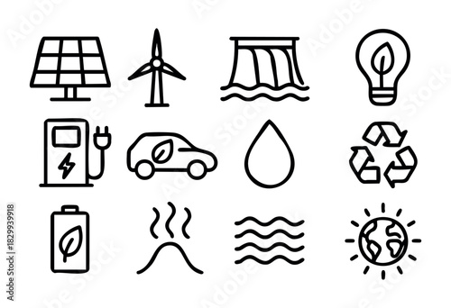 Set of minimalist renewable energy icons in bold-line style: solar panel, wind turbine, hydro dam, eco bulb, electric car, charger, water drop, recycle, battery, geothermal, waves, earth.