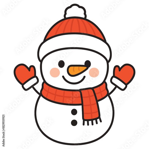 Cute cartoon snowman wearing a red knitted winter hat and matching scarf with carrot nose and mitten hands, isolated on