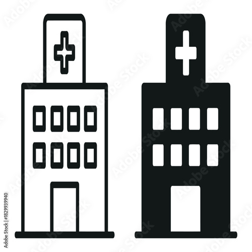 Set of two hospital building icons representing medical facility and healthcare service, one outline style and one solid silhouette, isolated on