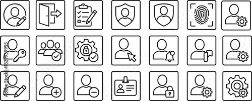 Comprehensive User Account and Security Icon Set: Registration, Login, Profile Management, Access Control, Biometric Fingerprint Identification, Password Key Lock, Group Permissions, Settings, 