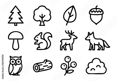 Set of minimalist forest icons in bold-line style: pine tree, broad tree, leaf, acorn, mushroom, squirrel, deer, fox, owl, log, berries, bush.