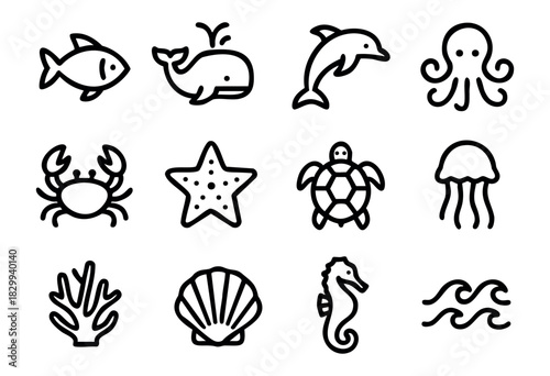 Set of minimalist ocean life icons in bold-line style: fish, whale, dolphin, octopus, crab, starfish, turtle, jellyfish, coral, seashell, seahorse, waves.