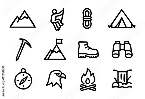 Set of minimalist mountain icons in bold-line style: mountain, hiker, rope, tent, ice axe, peak with flag, boot, binoculars, compass, eagle, campfire, waterfall.