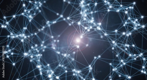 Abstract network of interconnected nodes with bright light source.