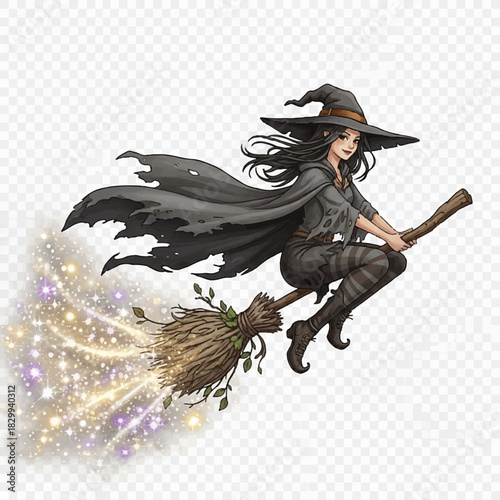 Fantasy Witch Riding a Flying Broom with Flowing Cape and Sparkling Magic Throughout.