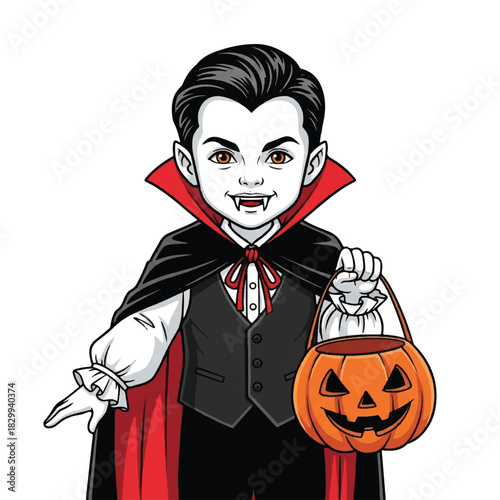 Cartoon Vampire Child in Cape Offering Halloween Pumpkin Bucket to Viewers.