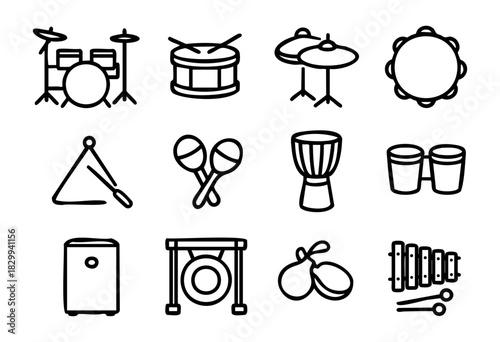 Set of minimalist percussion instrument icons in bold-line style: drum kit, snare drum, cymbals, tambourine, triangle, maracas, djembe, bongos, сajon, gong, castanets, xylophone.