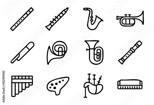 Set of minimalist wind instrument icons in bold-line style: flute, clarinet, saxophone, trumpet, trombone, horn, tuba, recorder, pan flute, ocarina, bagpipe, harmonica.