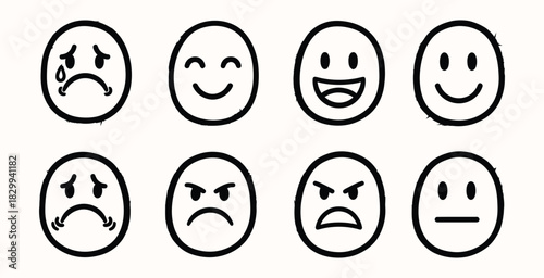 Hand drawn emotion faces a variety of expressions depicted in simple sketches