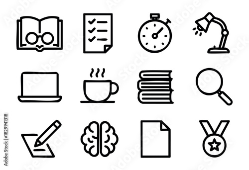 Set of minimalist exam and study icons in bold-line style: book, checklist, stopwatch, lamp, laptop, coffee, stack of books, magnifier, writing, brain, paper, medal.