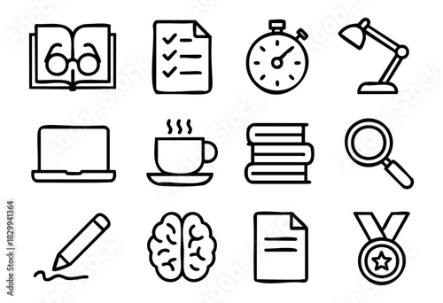 Set of minimalist exam and study icons in bold-line style: book, checklist, stopwatch, lamp, laptop, coffee, stack of books, magnifier, writing, brain, paper, medal.