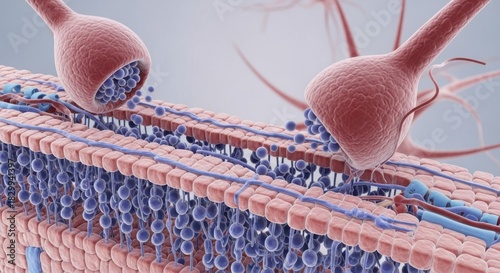 Synapse and neurotransmitter release at the neuromuscular junction, neural communication and signaling illustration