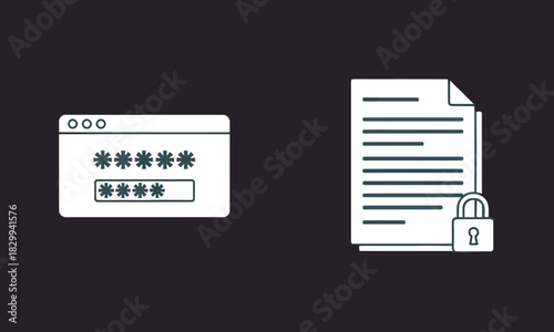 Information security, data privacy, and access control icons featuring password entry, confidential file lock, and robust defense system. Vector