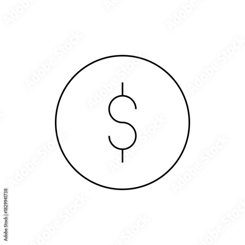 A simple line drawing of a circle containing a dollar sign in the center on a white background plain
