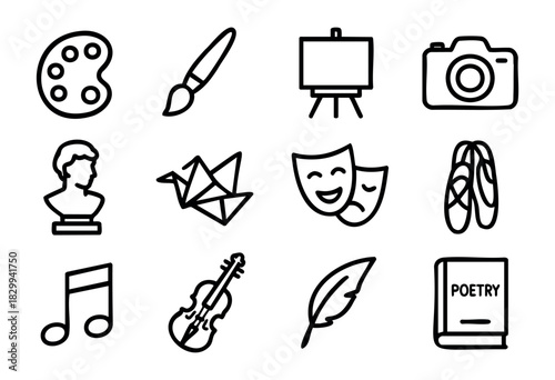 Set of minimalist art education icons in bold-line style: palette, brush, easel, camera, bust, origami, theater masks, ballet shoes, note, violin, feather, poetry book.